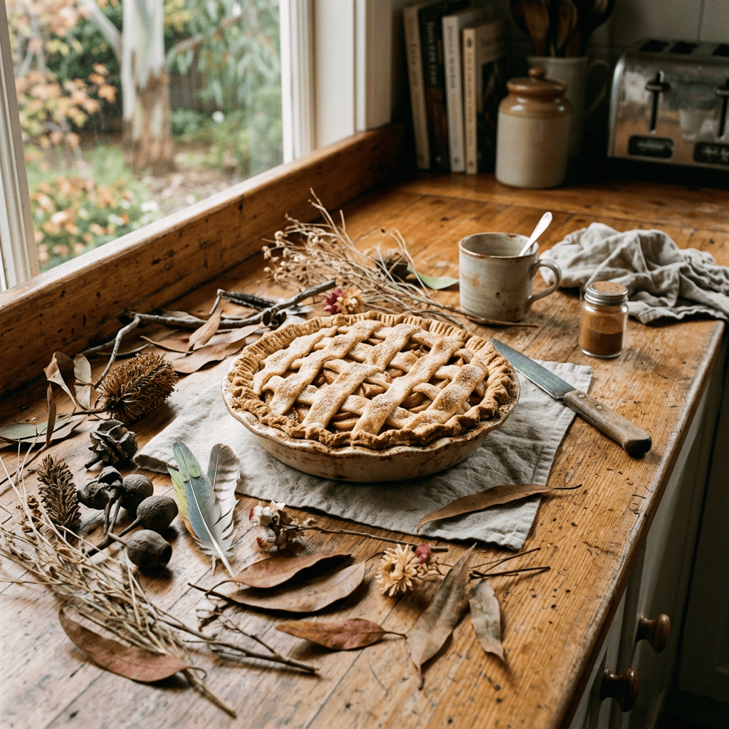 Golden lattice pie on a rustic wooden table with autumn leaves