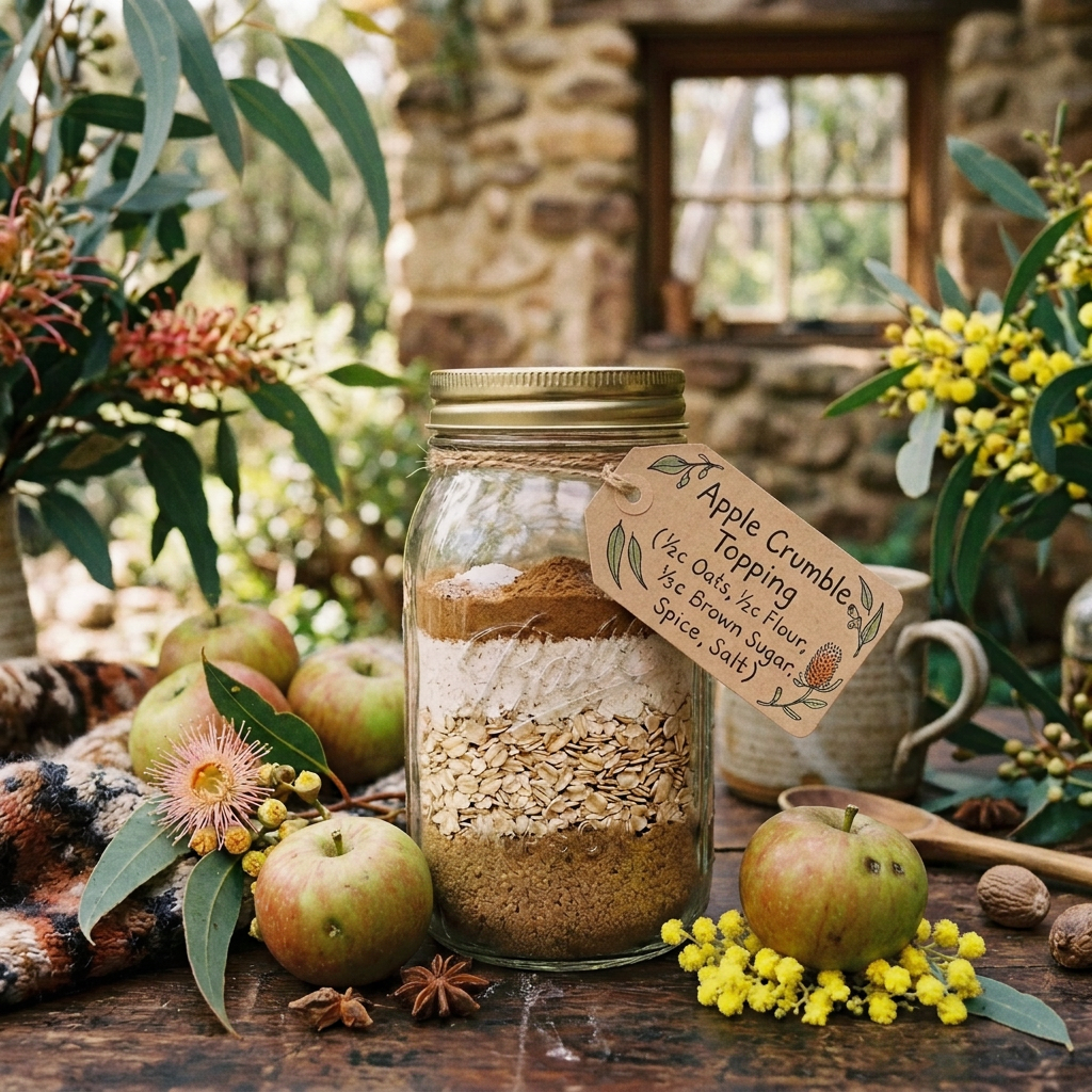 Jar labeled “COZY AUSSIE OAT BAKE (2c oats, ½c flour, ⅓c brown sugar, spice, salt)” filled with layered dry ingredients.