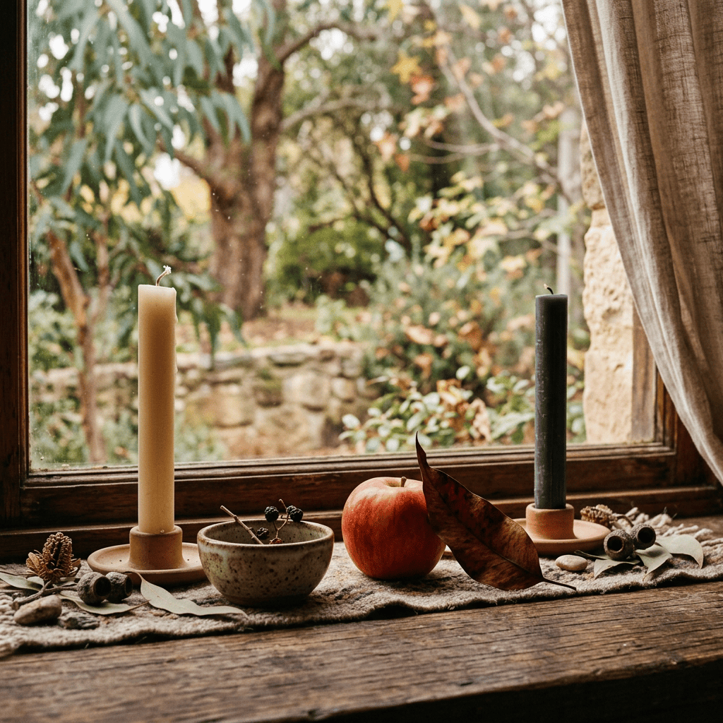 Two candles, an apple, bowl, and autumn leaves on a window sill