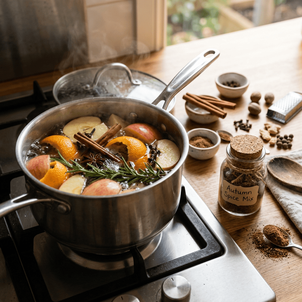 Pot of simmering apples, oranges, cinnamon, and rosemary beside autumn spices