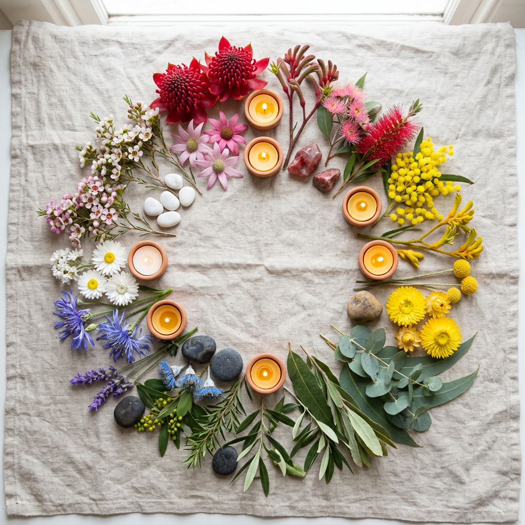 Flowers, greenery, stones, and candles arranged in a circle on linen