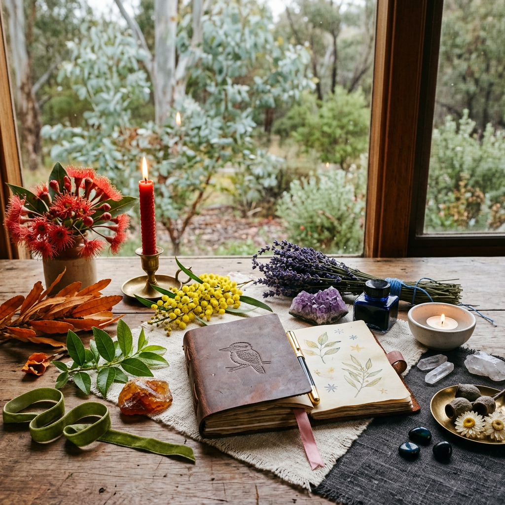 Open botanical journal surrounded by flowers, candles, crystals, and natural objects