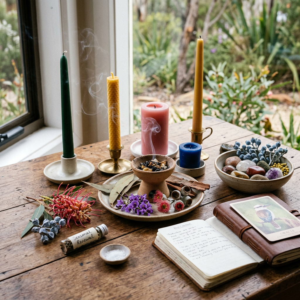 Ritual table with candles, botanicals, stones, journal, and oracle card