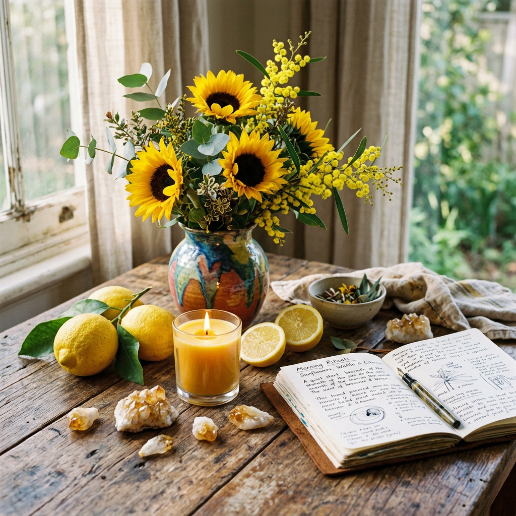 Sunflowers, lemons, lit candle, and open handwritten journal on wooden table