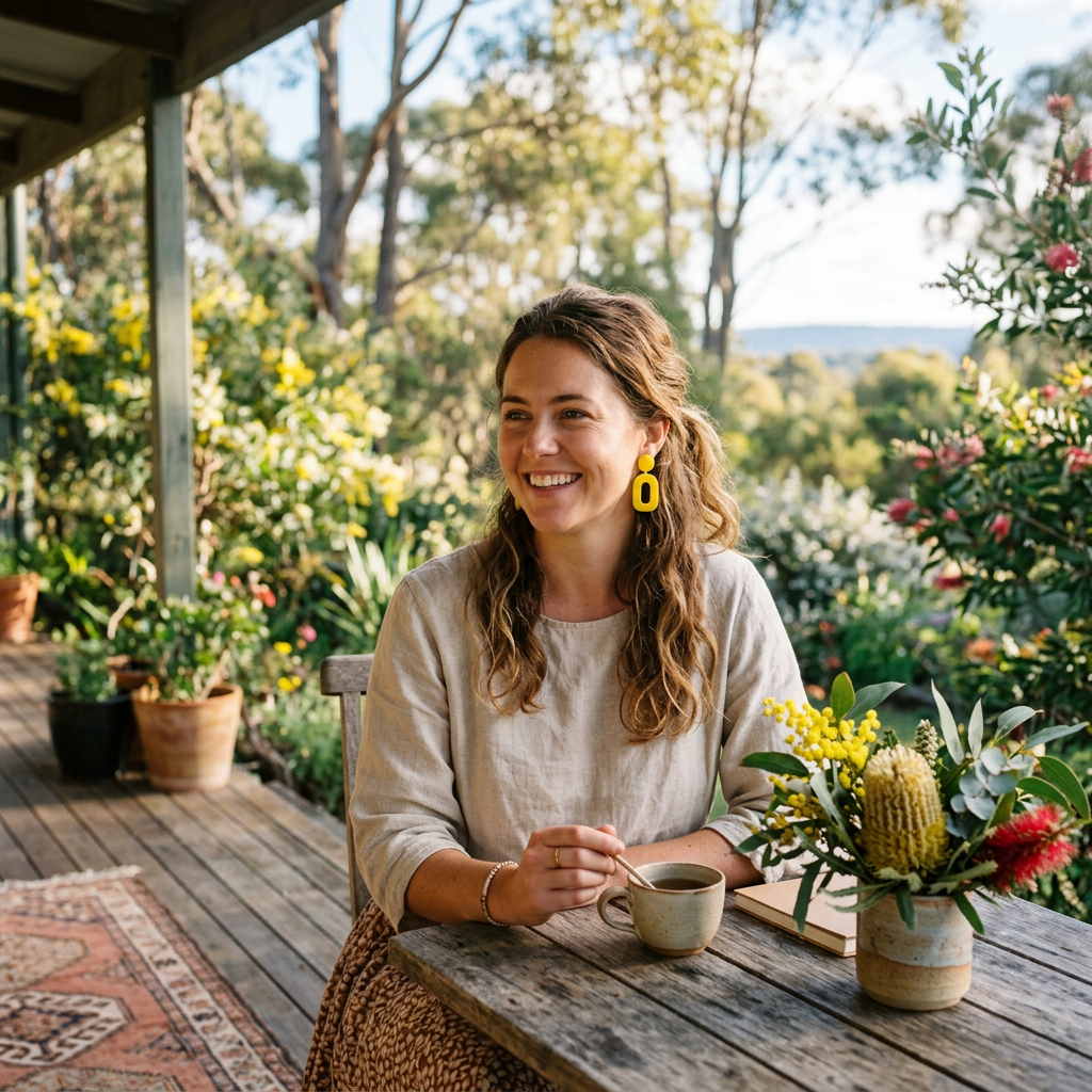 Smiling woman drinking coffee beside flowers on a veranda