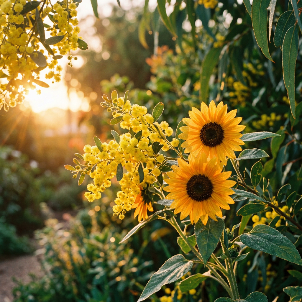 Golden wattle and sunflowers in an Australian garden