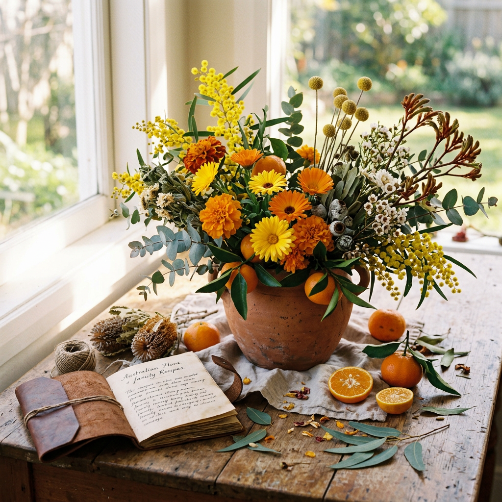 Australian Flora & Family Recipes book beside a colorful floral arrangement