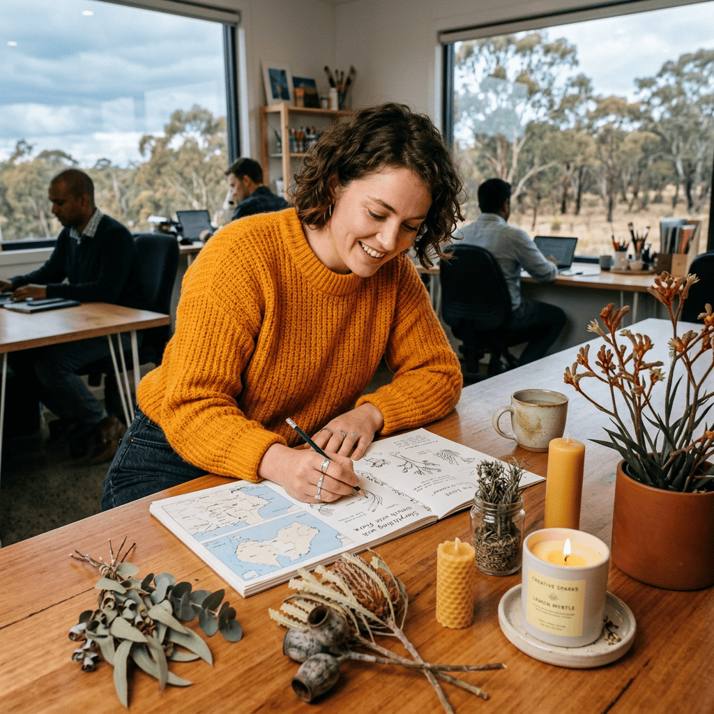 Person wearing orange clothing creatively working
