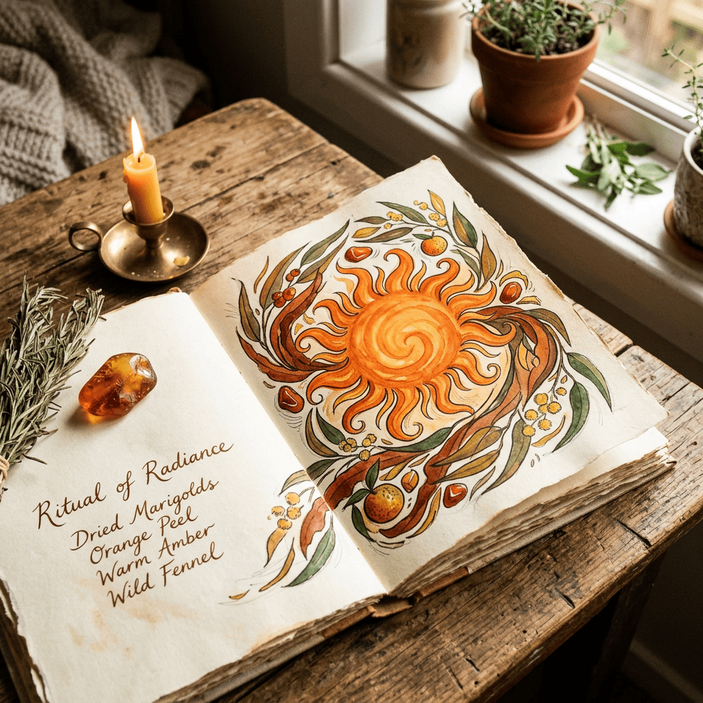 Open ritual journal reading “Ritual of Radiance, Dried Marigolds, Orange Peel, Warm Amber, Wild Fennel”