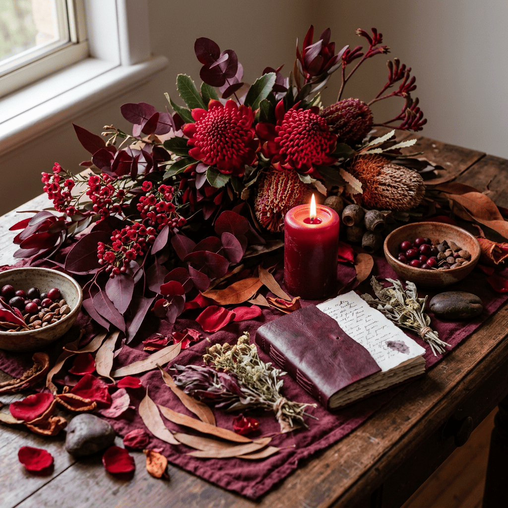 Autumn floral arrangement with lit red candle, bowls of berries, and open journal