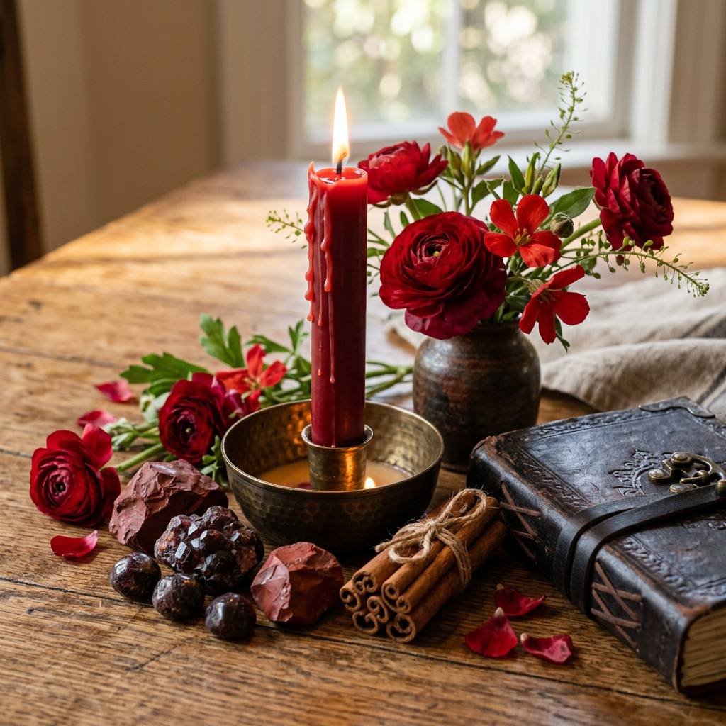 Red candle, crimson flowers, spices, rose petals, and leather journal on table
