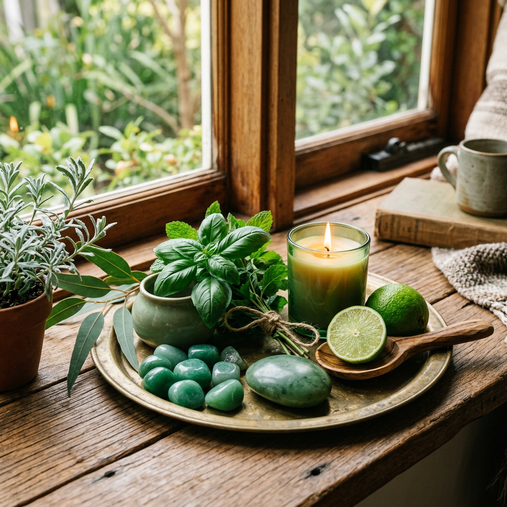 Candle, herbs, lime, and green stones arranged on a tray