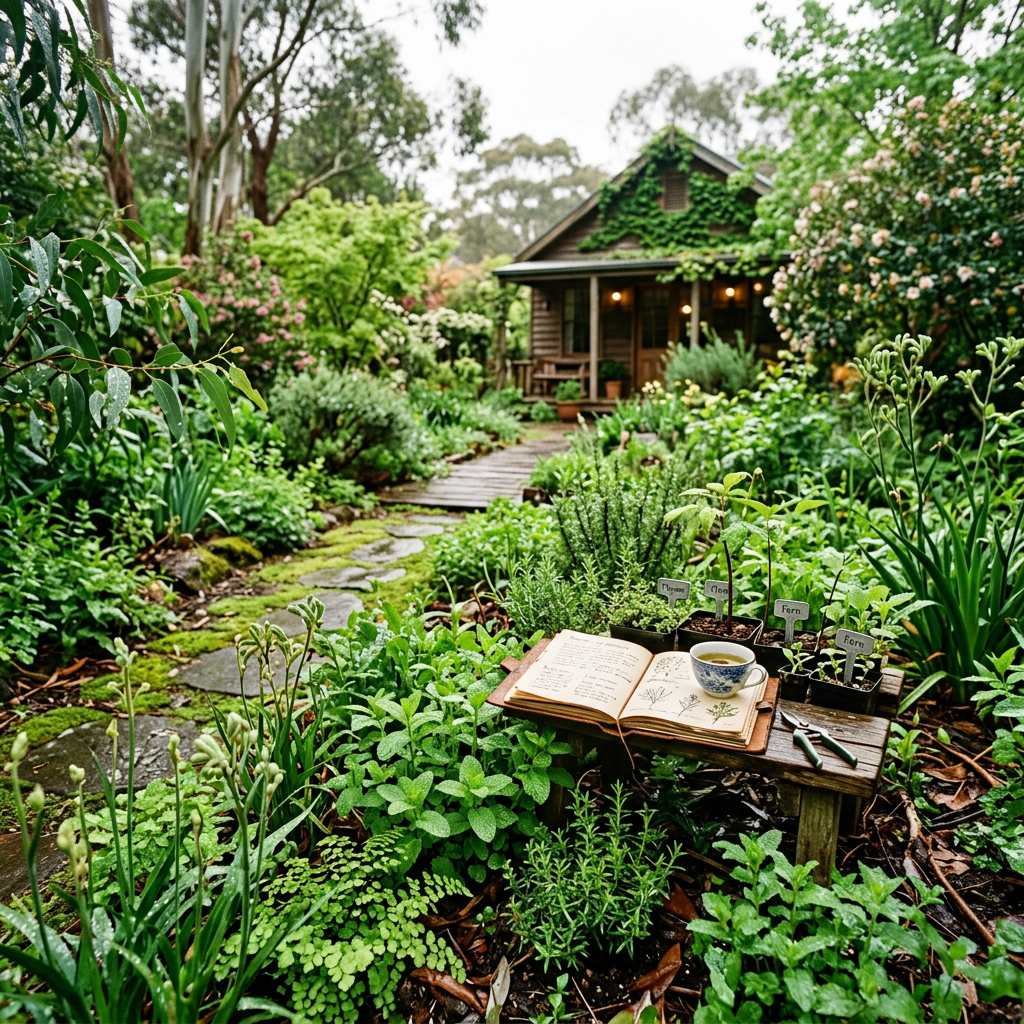 Open botanical journal, tea, and labeled potted herbs in a lush garden