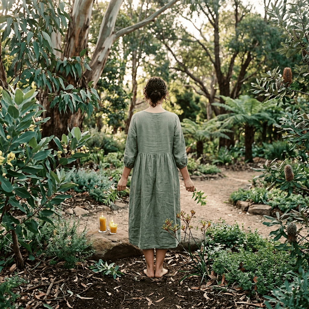 Barefoot woman carrying greenery toward a family picnic in a garden