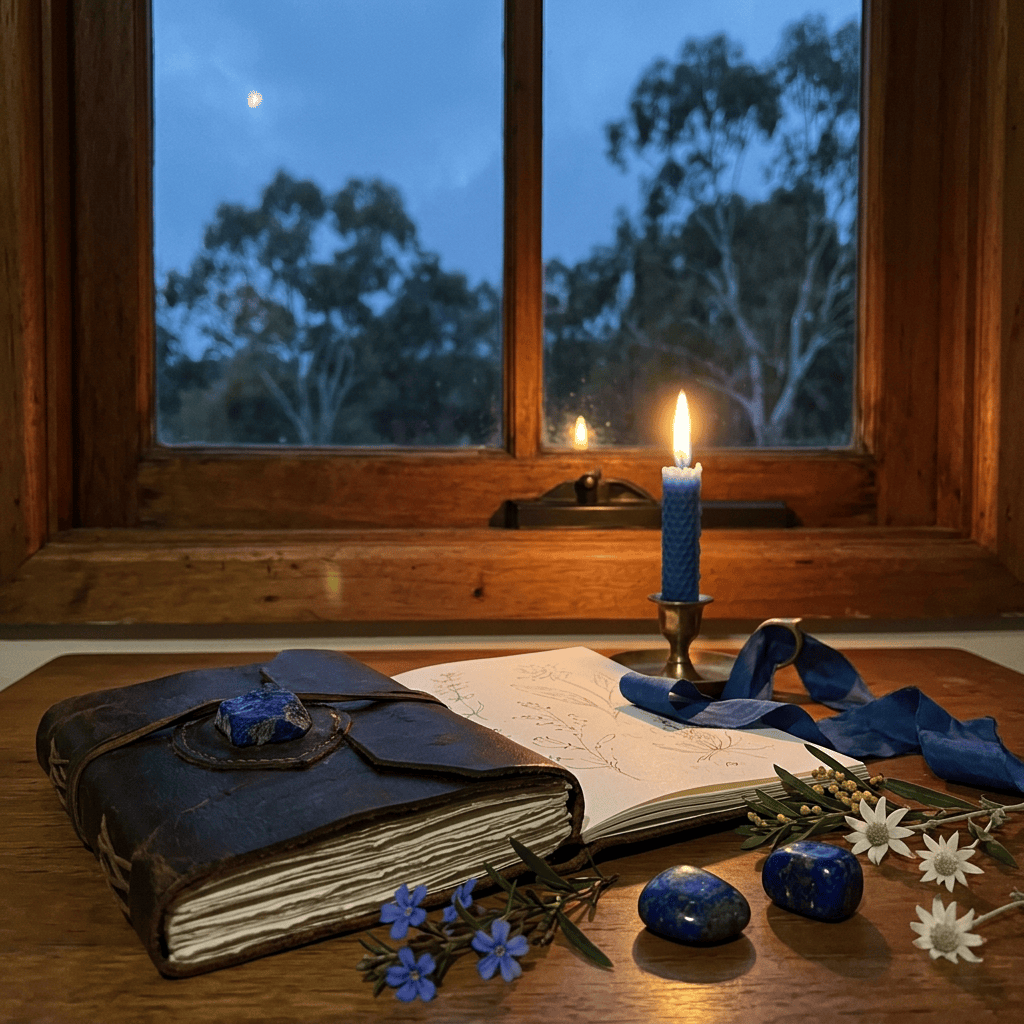 Candle beside an open journal, leather book, blue stones, and flowers
