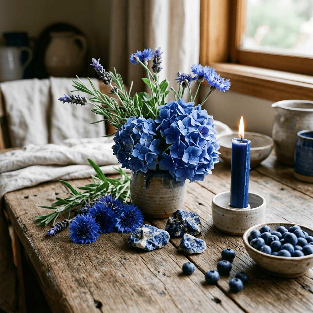 Blue flower arrangement beside a lit candle, stones, and blueberries