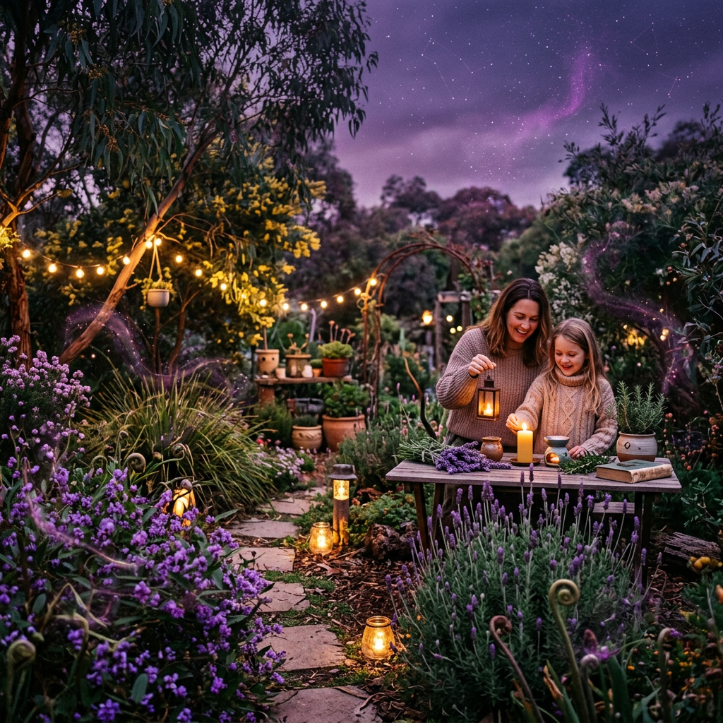 Mother and daughter lighting lanterns at a garden table beneath a starry sky