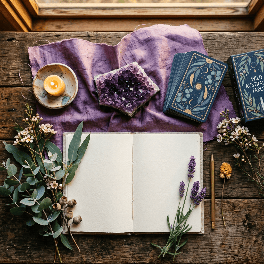 Open blank journal surrounded by tarot cards, candle, crystal, flowers, and herbs