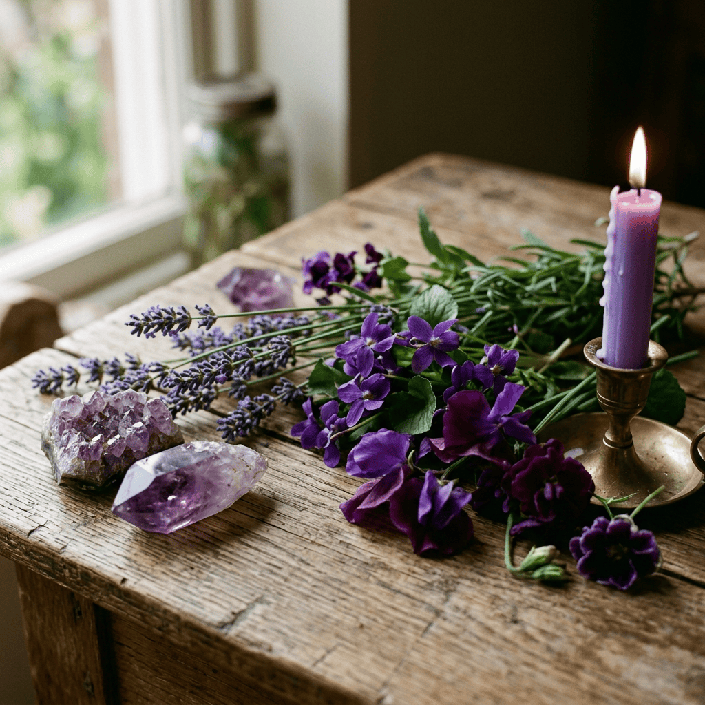 Purple flowers, lavender, amethyst crystals, and lit candle on wooden table