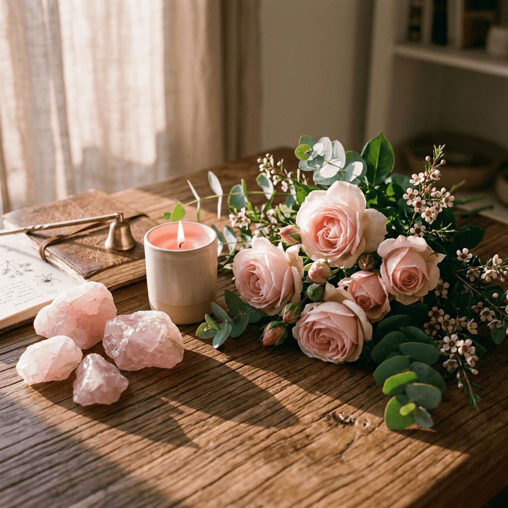 Pink roses, lit candle, greenery, and rose quartz on a wooden table