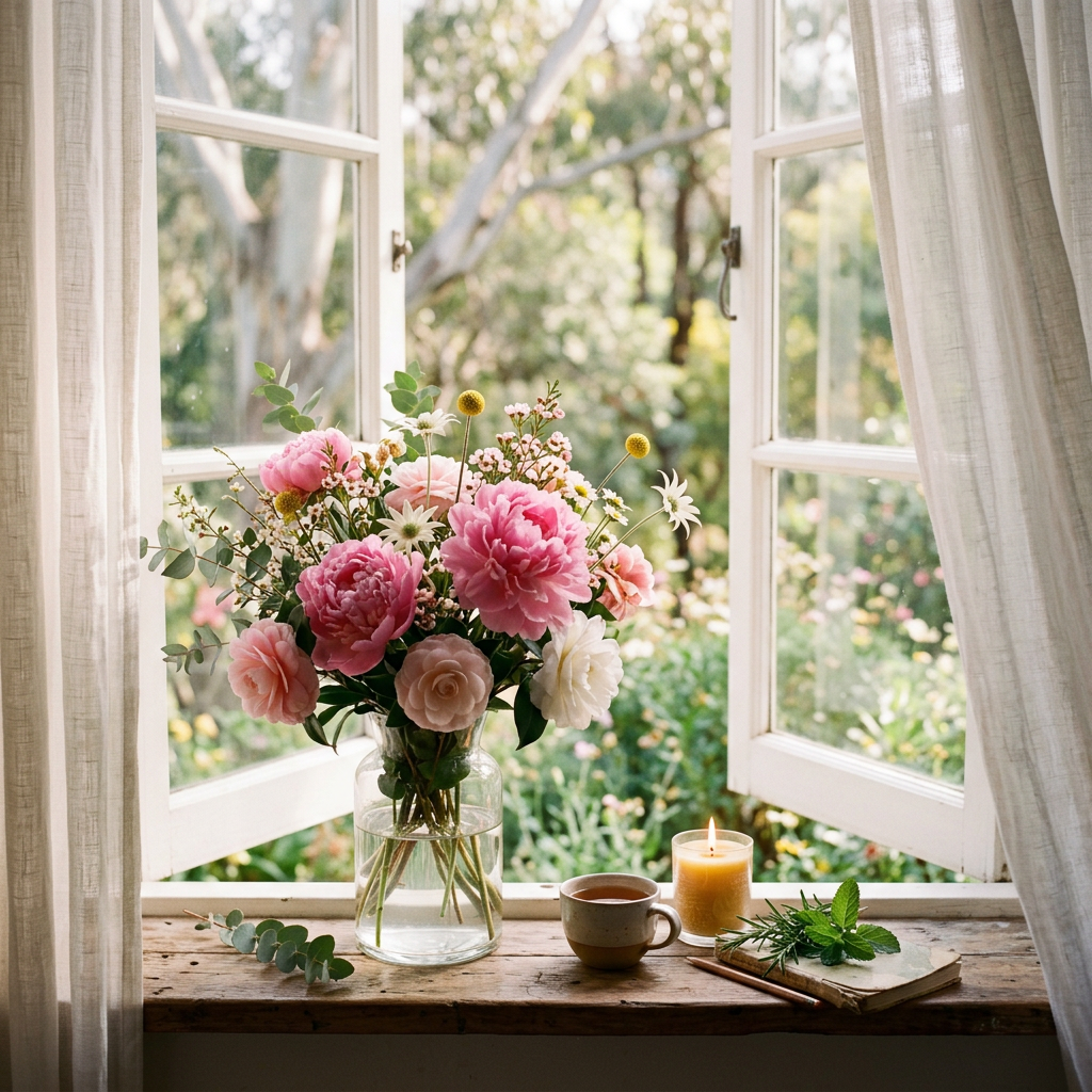 Flower bouquet, tea, and candle on a rustic windowsill overlooking a garden