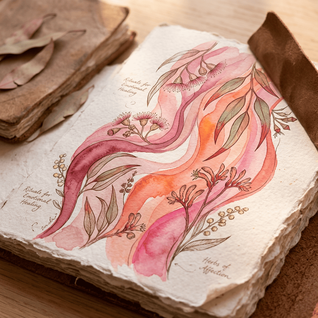 Watercolor page reading “Rituals for Emotional Healing” and “Herbs of Affection,” with botanical illustrations