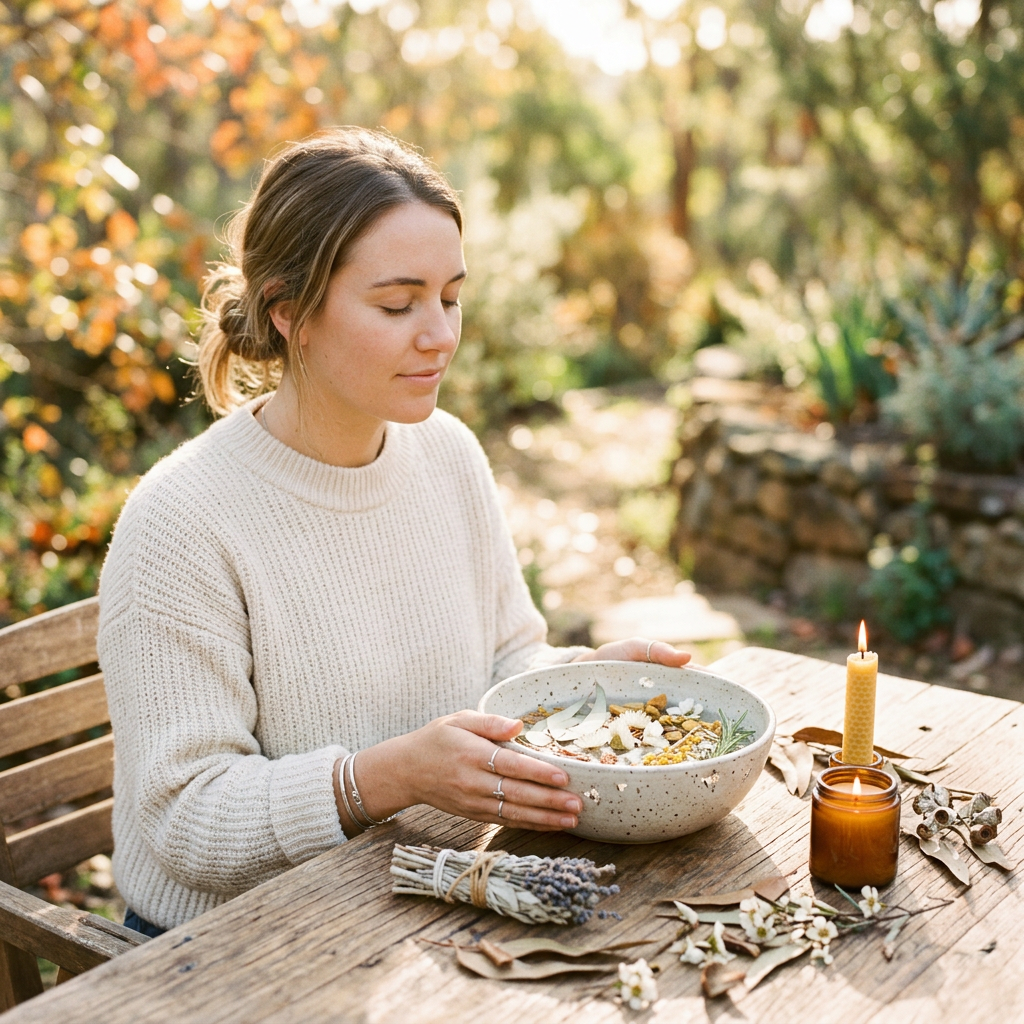 Woman holding a bowl of herbs beside candles at an outdoor table