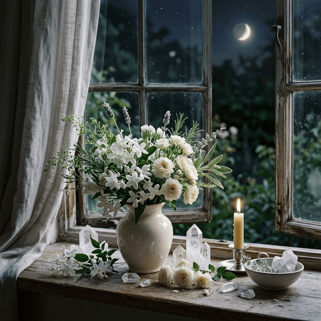 White flower bouquet, lit candle, and crystals on a moonlit windowsill