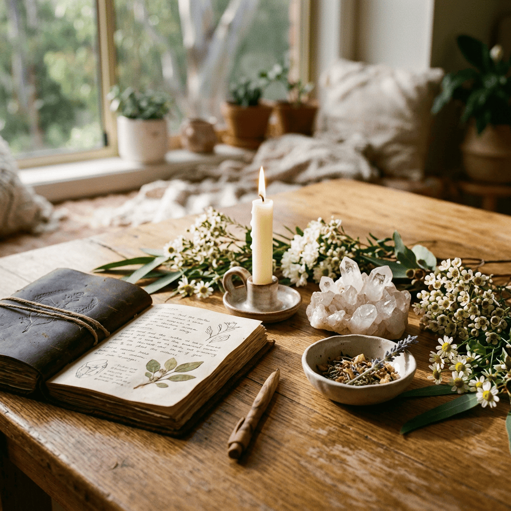 Open botanical journal, candle, flowers, crystals, and herbs on wooden table
