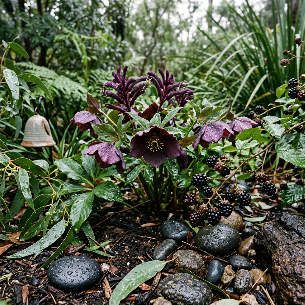 Purple flowers and blackberries among wet foliage and smooth river stones