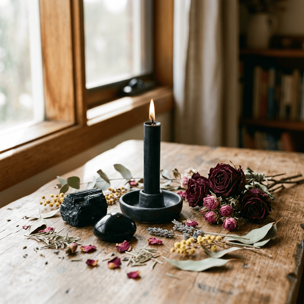 Lit black candle surrounded by roses, herbs, and dark stones