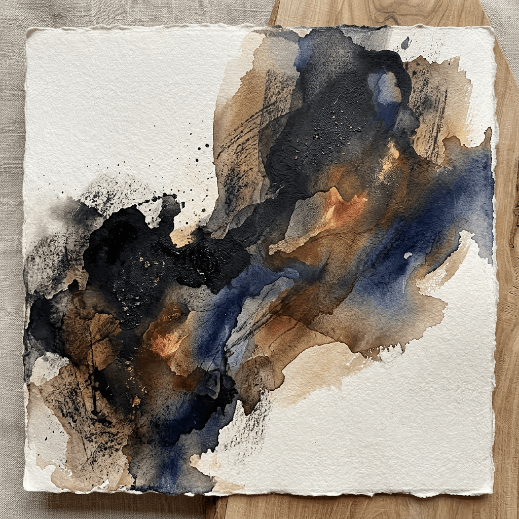 Abstract watercolor painting in blue, black, brown, and gold tones