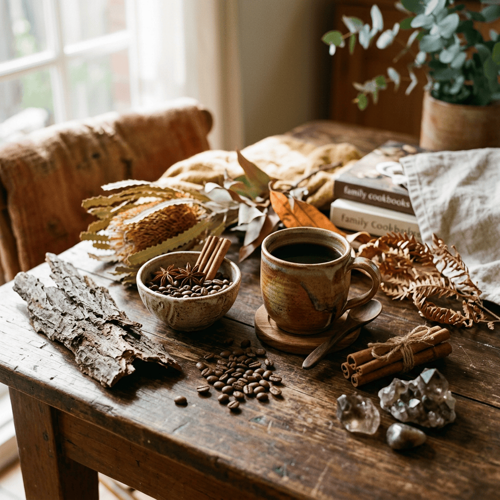 Coffee cup surrounded by spices, books, foliage, and autumn decor