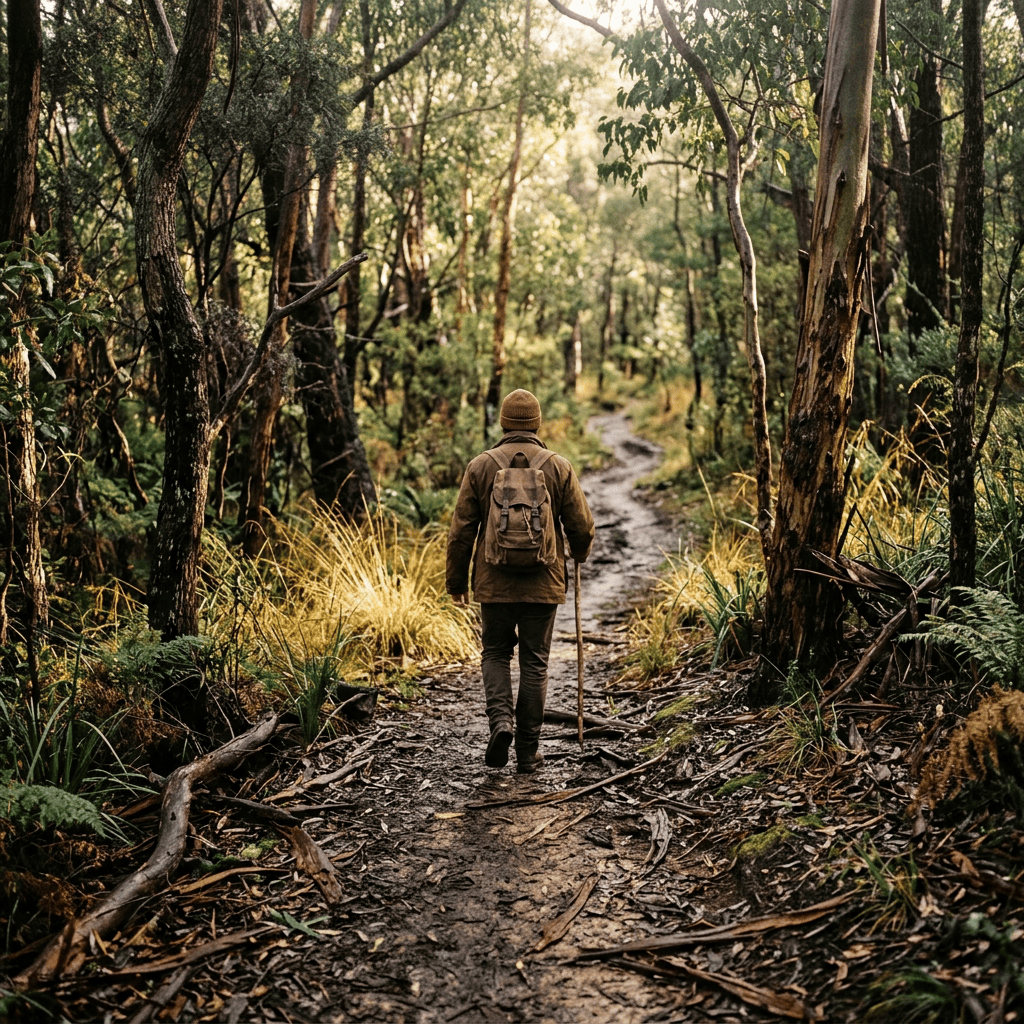 Hiker with backpack walking along a forest trail with a walking stick