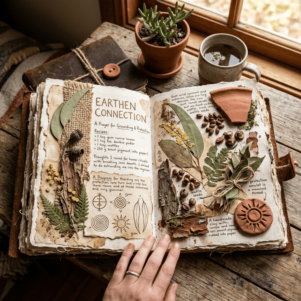 Open journal titled “EARTHEN CONNECTION” with botanical crafts, seeds, bark, symbols, tea, and a succulent.