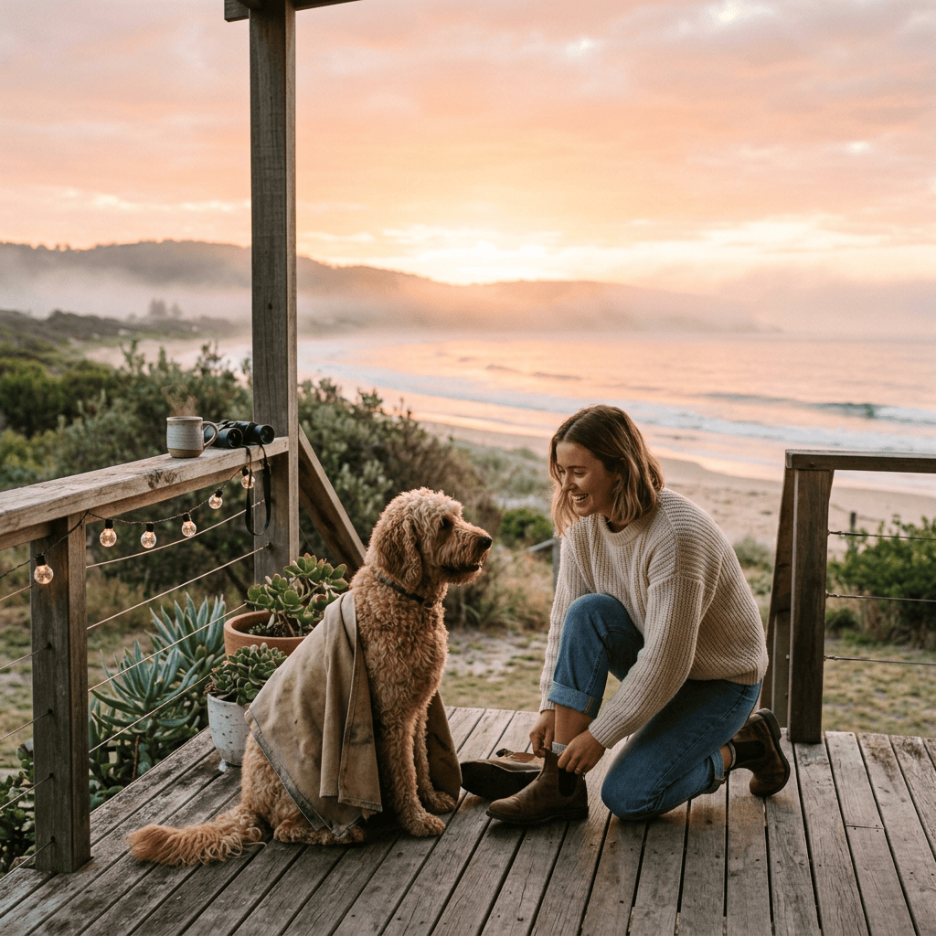 Woman putting on boots beside a dog on a deck overlooking the beach