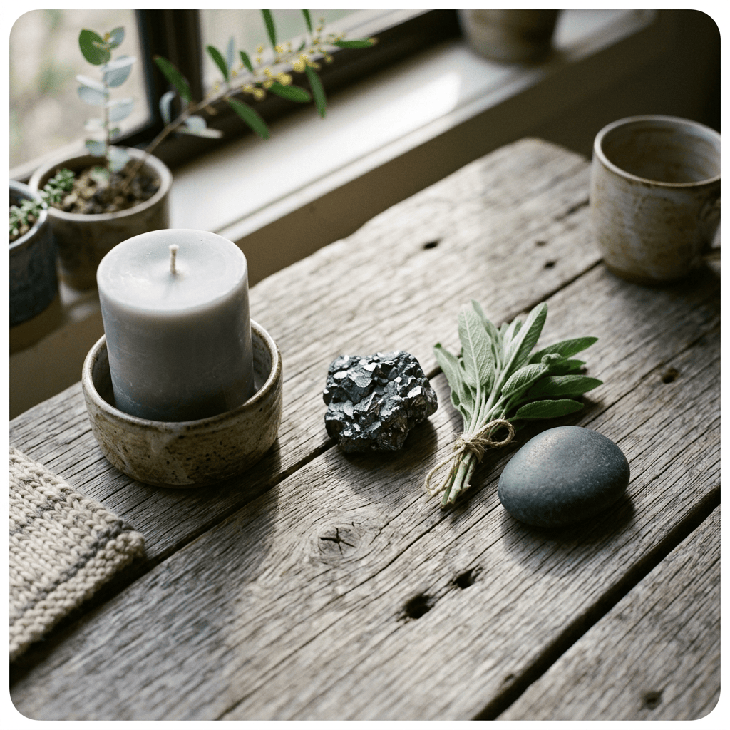 Candle, herbs, stones, and ceramic cups on a rustic wooden table