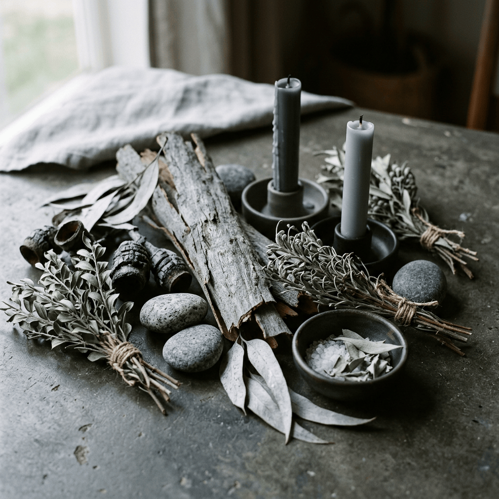 Candles, bundled herbs, stones, bark, leaves, and salt arranged on a table