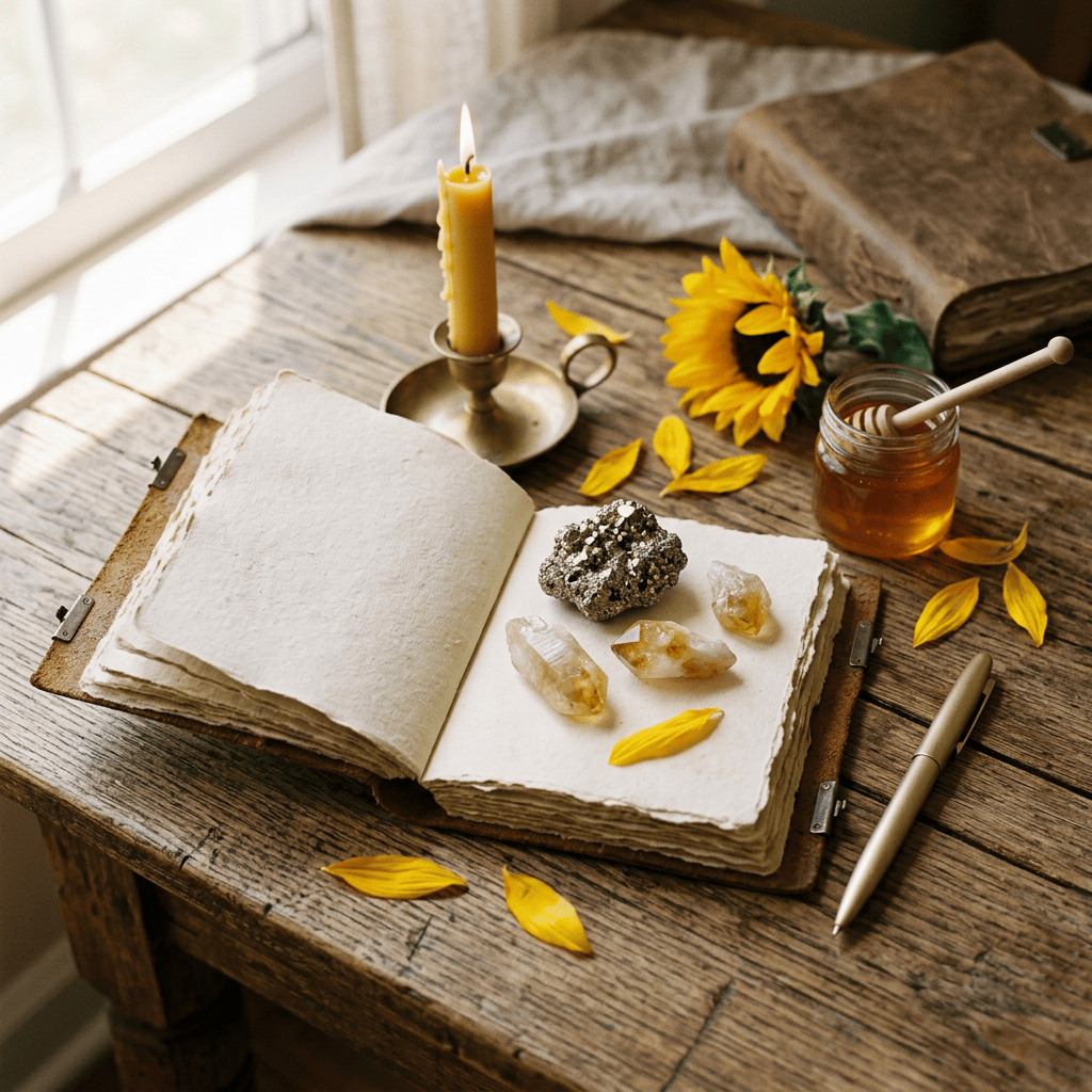 Gold candle, crystals, honey and sunflower petals