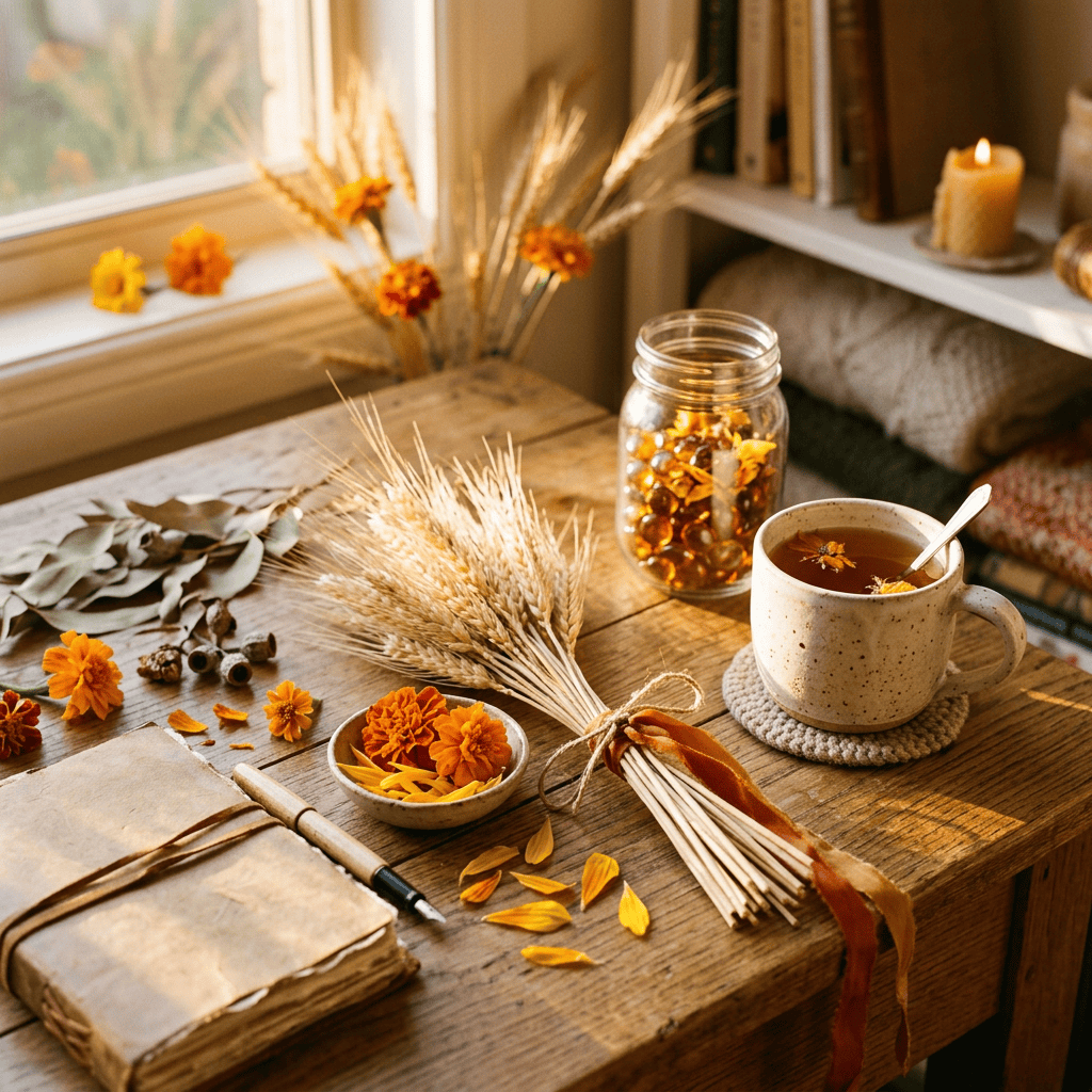 Autumn craft table with dried flowers, wheat, tea, and journal