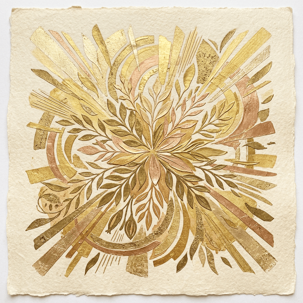 Symmetrical botanical mandala with leaves and abstract shapes in gold, tan, and rose