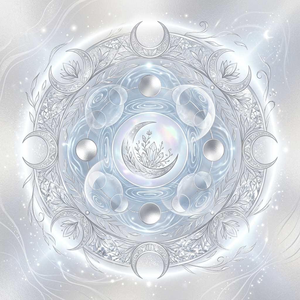 Circular celestial mandala with moon phases, botanical leaves, crystals, and rippling water