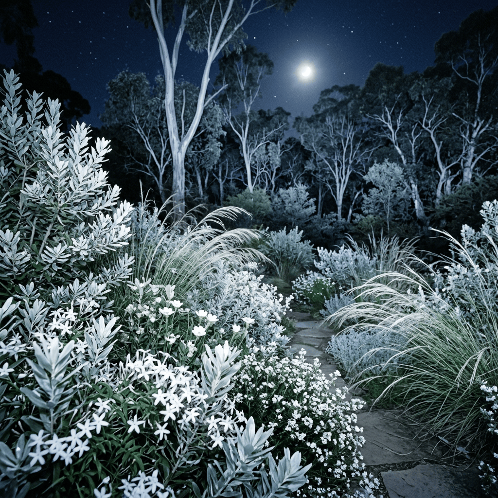 Moonlit garden path surrounded by silvery plants and white flowers