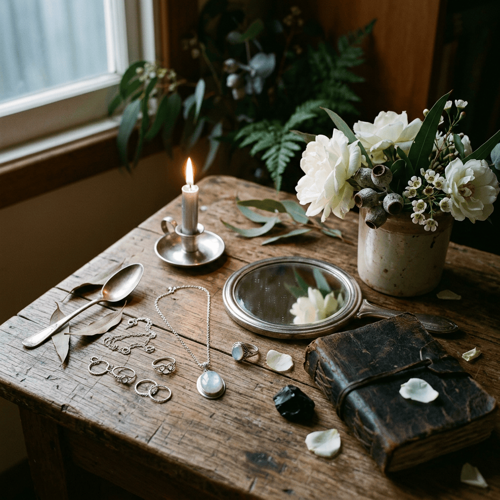 Candlelit wooden table with jewelry, flowers, mirror, spoon, and old journal