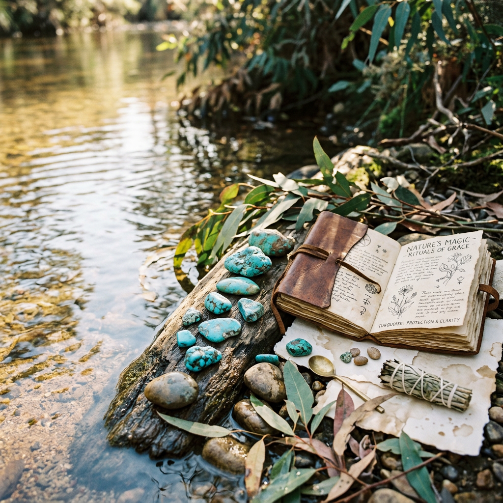 Open nature journal, turquoise stones, and botanicals beside a stream