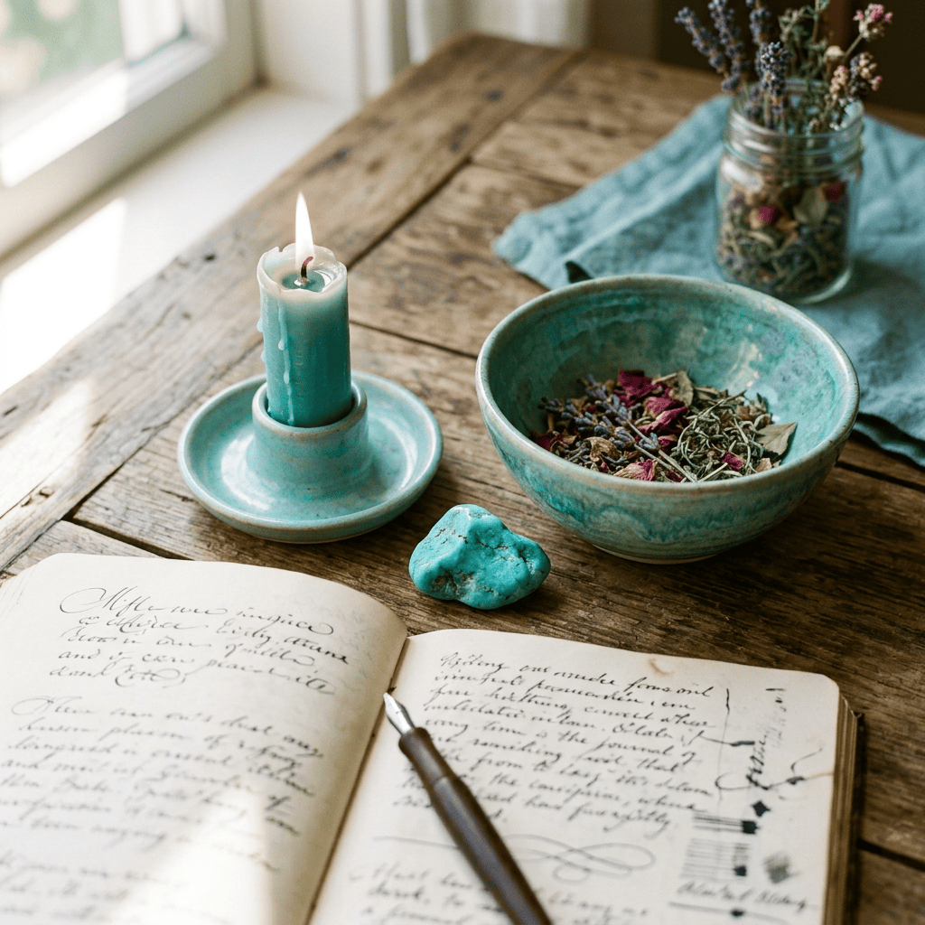 Open handwritten journal beside a lit candle, herbs, and turquoise bowl