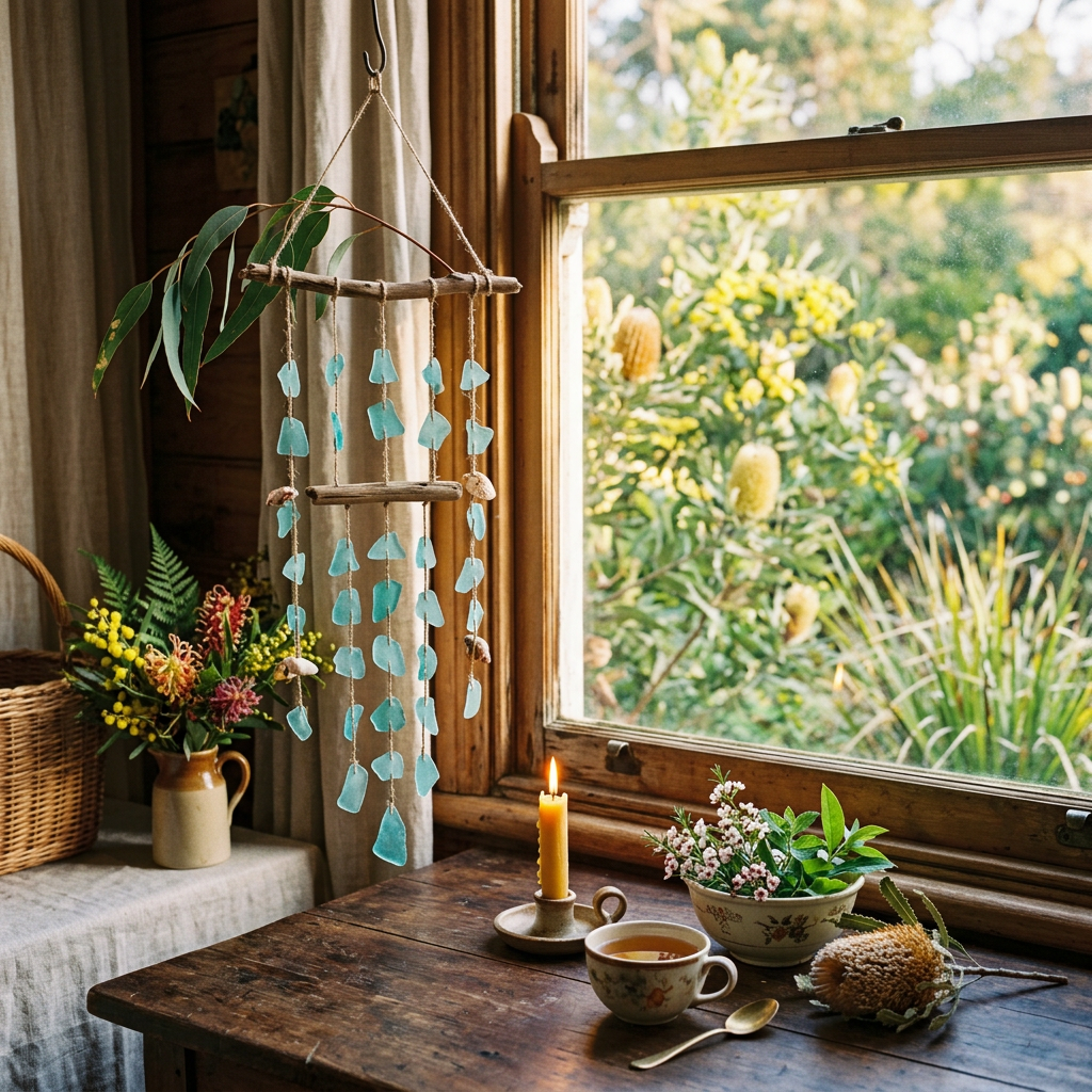 Cottage window corner with turquoise wind chime, tea, candle, and flowers
