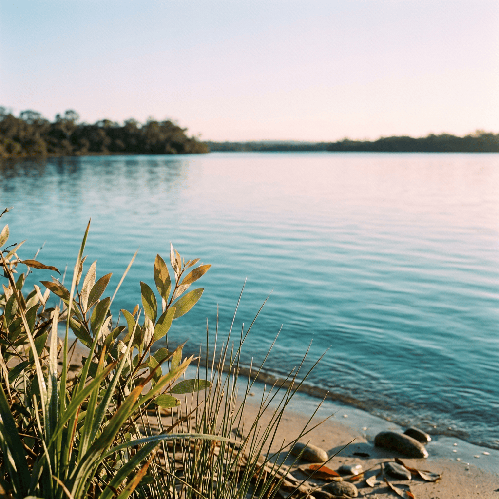 Calm turquoise lake bordered by grasses, shrubs, and a sandy shore