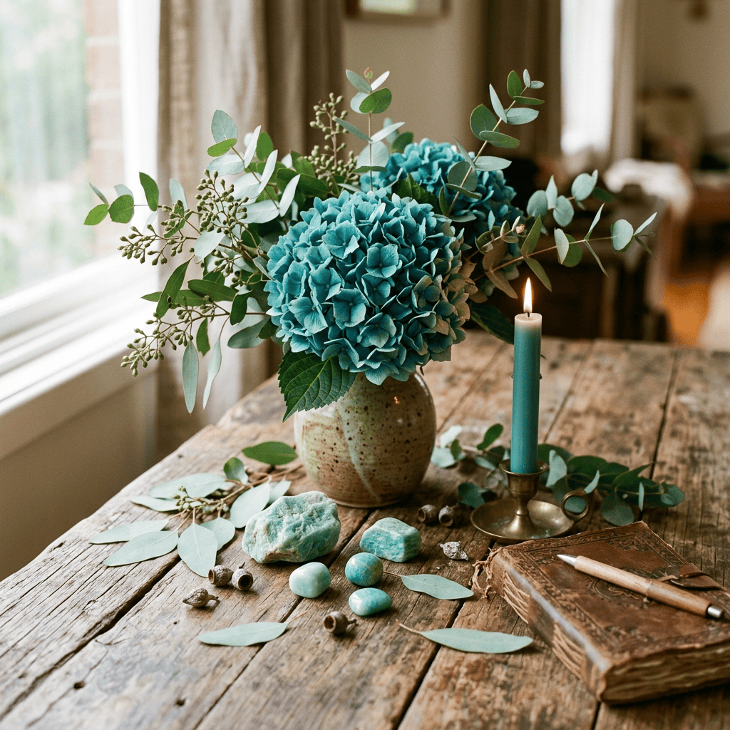 Teal flowers, eucalyptus, stones, and candle