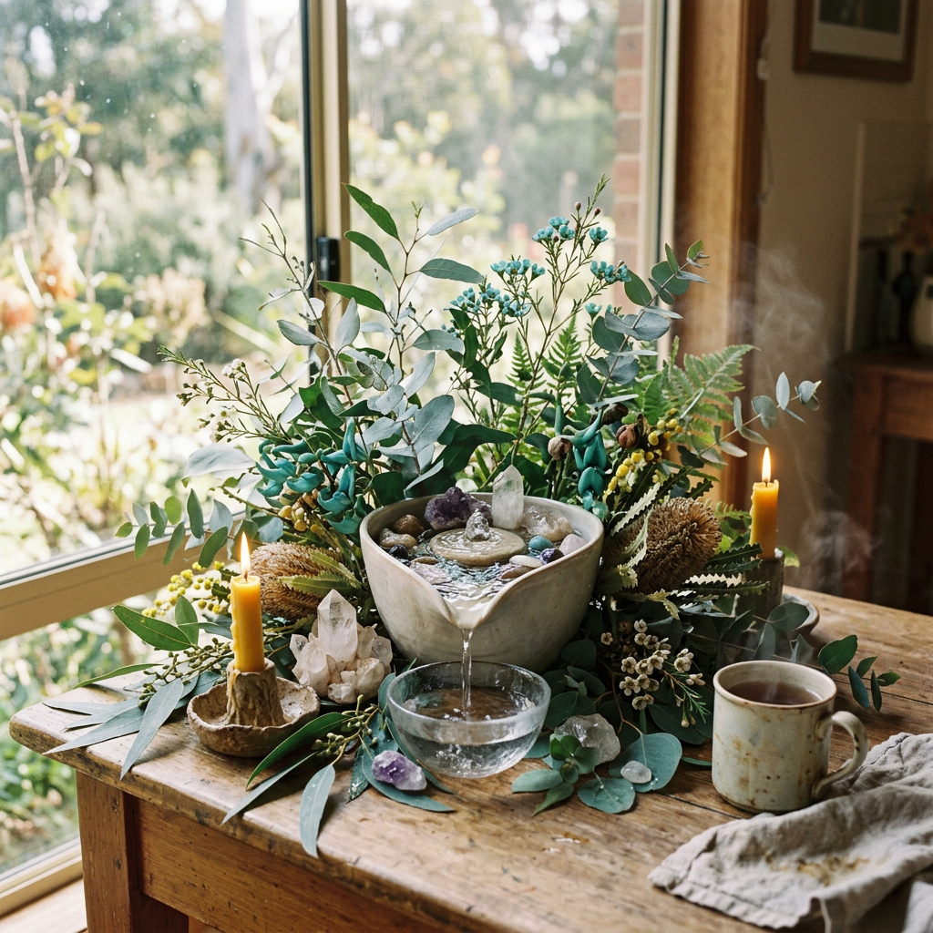 Botanical altar with water bowl, crystals, candles, greenery, and tea